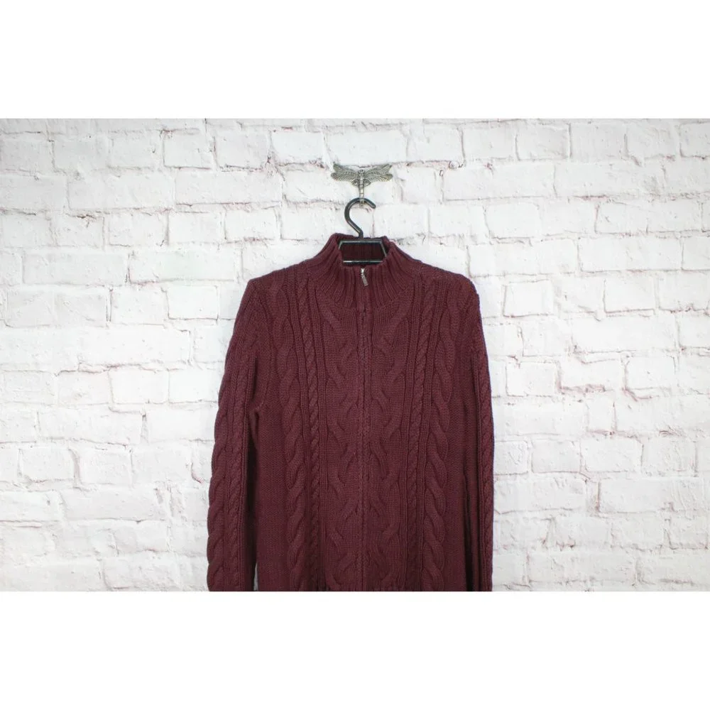 LL Bean Red Cotton Double L Cable Zip Cardigan Sweater Size S - Picture 3 of 10